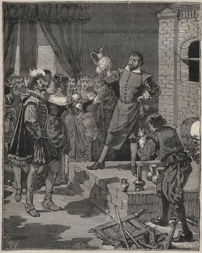 Bernard Palissy (1510-1589), triumfujący francuski ceramik, wyjmuje z pieca swoje pierwsze kawałki emalii. Grawer z 1880 roku w „Les arts et metiers illustres” Adolphe BITARD. autorstwa Anonymous Anonymous