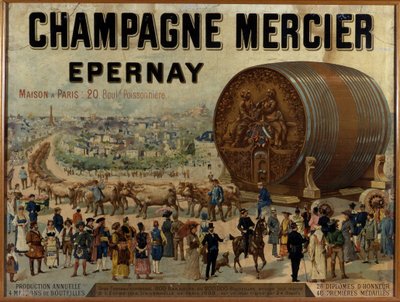 Duża beczka z szampanem eksponowana na Expo Universelle de 1889 - Plakat reklamowy szampana Mercier, koniec XIX wieku autorstwa Anonymous Anonymous