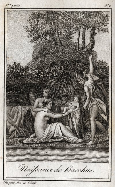 Narodziny Bachusa, syna Jowisza i Semele. Rycina z 1819 r. w „Lettres a Emilie sur la mitologie” Charlesa Alberta Demoustiera (1760-1801). Prywatna kolekcja. autorstwa Anonymous Anonymous