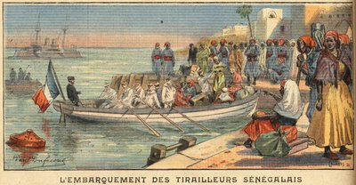 Wejście na pokład senegalskich jeźdźców z żoną. Grawer z gazety „Le Petite Parisien” z dnia 22.03.1908 r. Prywatna kolekcja. autorstwa Anonymous Anonymous