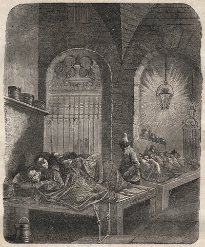 Więzienie brzeskie w nocy. Grawerowanie w „Historii skazanych od ich powstania do dnia dzisiejszego” ”(1877) autorstwa Pierre