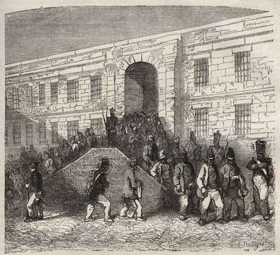 Więzienie brzeskie w XIX wieku. Grawer „Historia skazanych od ich powstania do dnia dzisiejszego” (1877) autorstwa Pierre