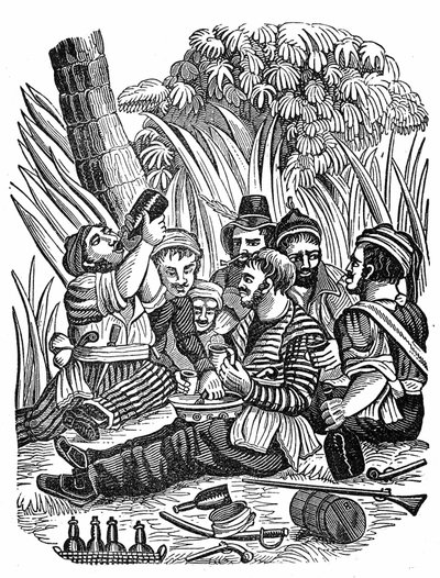Załoga kapitana Bartholomewa Robertsa odpoczywa w pobliżu rzeki Old Calabar, koniec XVII wieku. Grawer „”Książka własna pirata”” 1837. autorstwa Anonymous Anonymous