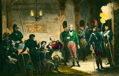 Sprawa Ludwika de Bourbon, księcia Enghien (1772-1804): scena procesu księcia podejrzanego o spisek przeciwko pierwszemu konsulowi Napoleonowi Bonaparte, który został skazany i stracony bez dowodów. Rycina z 1804 r. Zbiory prywatne - Sędzia autorstwa Anonymous Anonymous
