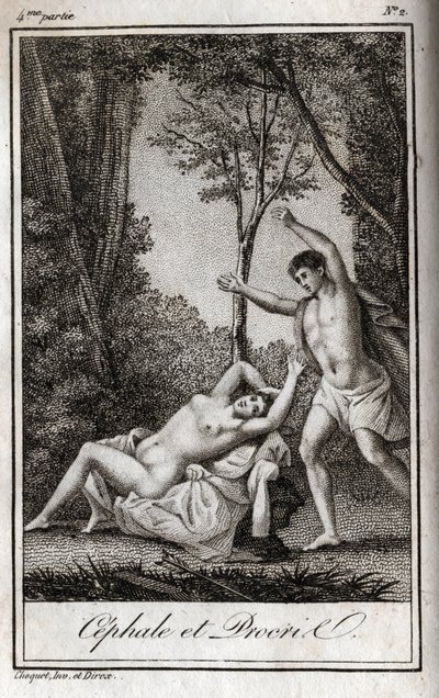 Para kochanków Cephale i Procris (Cephalus). Rycina z 1819 r. w „Lettres a Emilie sur la mitologie” Charlesa Alberta Demoustiera (1760-1801). Prywatna kolekcja. autorstwa Anonymous Anonymous
