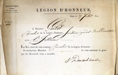 Zaświadczenie o przekazaniu Legii Honorowej Guizotowi, Sekretarzowi Generalnemu MSW, 21.07.1814. autorstwa Anonymous Anonymous