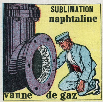 Zmiany stanów: sublimacja. Zapas naftliny zatyka zawór gazowy. Anonimowa ilustracja z 1925 r. Ze zbiorów prywatnych. autorstwa Anonymous Anonymous