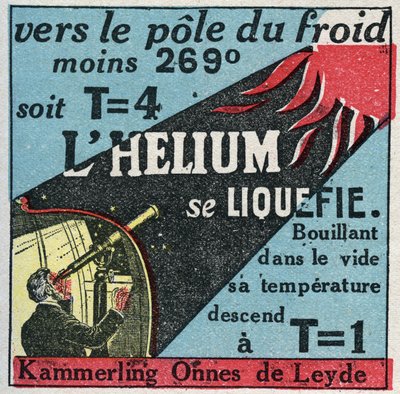 Zmiany stanów: opary. Holenderskiej Heike Kammerling Ones (1853-1926) z Leiden udało się skroplić hel w 1908 roku. Anonimowa ilustracja z 1925 roku. Kolekcja prywatna. autorstwa Anonymous Anonymous