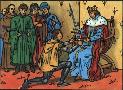 Karol V Mądry (1338-1380) uroczyście przekazuje miecz konstabla Bertrandowi du Guesclin (1320-1380). Anonimowa ilustracja w „”Kolekcji suwerenów i głów państw Francji””. XX wiek. Prywatna kolekcja. autorstwa Anonymous Anonymous