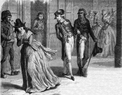 Charlotte Corday u wytwórcy noży Badin, pod arkadami Palais-Royal w 1793 r. - Grawerowanie w „Histoire des Girondins” Alphonse de Lamartine (1790-1869) 1865-1866 - Ze zbiorów prywatnych autorstwa Anonymous Anonymous