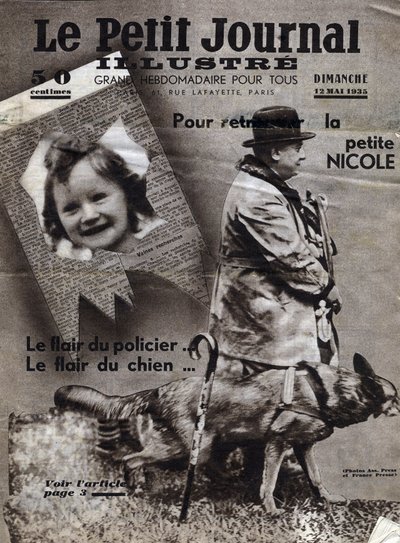 Sprawy Chaumonta: psy policyjne szkolą się w poszukiwaniu śladów zaginionych dzieci (tutaj dziewczyna Nicole) i bandytów. Okładka „Le petit journal illustious”” z 12.05.1935 Kolekcja privee autorstwa Anonymous Anonymous