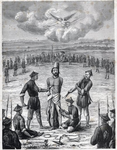 Prześladowania chrześcijan: francuski ksiądz misjonarz Joseph Marchand cierpiał „mękę stu ran” w Cochinchina 30 listopada 1835 r. Grawer „Les Missions Catholiques au XIXeme Siecle” Louis-Eugene (Louis Eugene) Louvet. prywatny domek autorstwa Anonymous Anonymous
