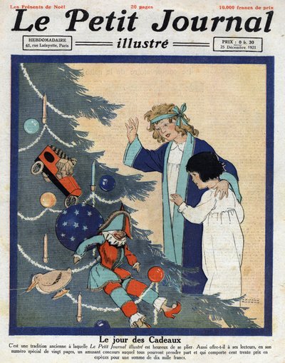 Przyjęcie wigilijne: dzieci odkrywają prezenty u stóp choinki. Ilustracja zaczerpnięta z „”Le petit journal”” z 25.12.1921 Kolekcja privee autorstwa Anonymous Anonymous