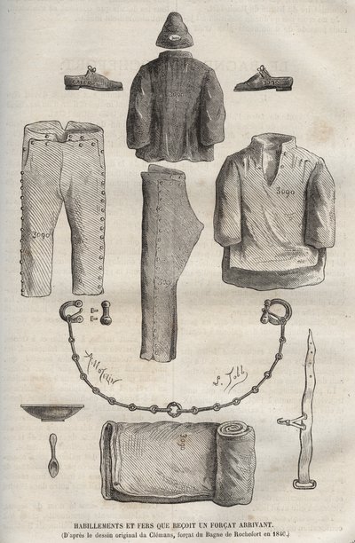 Odzież i żelazka otrzymane przez wojsko przybywające do bagne de Rochefort w XIX wieku (z oryginalnego rysunku Clemansa, forcat du bagne z 1840 r.). Grawer w „Historii skazanych od ich powstania do dnia dzisiejszego” (1877) autorstwa Pierre Zaccone (18 autorstwa Anonymous Anonymous