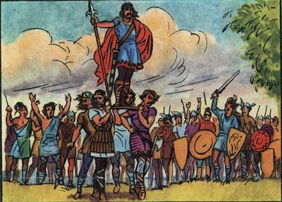 Clovis (król franków od 481 do 511) został wybrany królem przez Salian, którzy nieśli go na przedmurze (tarczę) podczas zwiedzania obozu. Anonimowa ilustracja w „Collection des souverains et chefs d