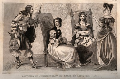 Kostiumy na początku panowania Ludwika XIV (1650). Grawer z 1859 roku w „Le Monde”. Historia wszystkich narodów od najdawniejszych czasów do współczesności”. przez ME de Lostalot-Bachoue (Lostalot Bachoue). Prywatna kolekcja. autorstwa Anonymous Anonymous