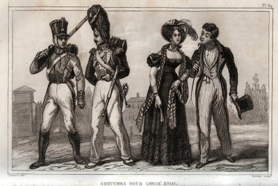 Kostiumy za Ludwika XVIII. Grawer z 1859 roku w „Le Monde”. Historia wszystkich narodów od najdawniejszych czasów do współczesności”. przez ME de Lostalot-Bachoue (Lostalot Bachoue). Prywatna kolekcja. autorstwa Anonymous Anonymous