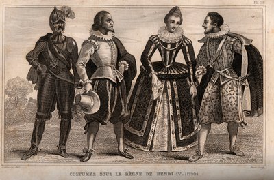 Kostiumy za panowania Henryka IV (1590). Grawer z 1859 roku w „Le Monde”. Historia wszystkich narodów od najdawniejszych czasów do współczesności”. przez ME de Lostalot-Bachoue (Lostalot Bachoue). Prywatna kolekcja. autorstwa Anonymous Anonymous