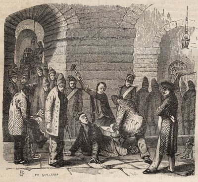 Sprzężenie w bagne Rochefort w XIX wieku. Grawer w „Historii skazanych od ich powstania do dnia dzisiejszego” (1877) autorstwa Pierre