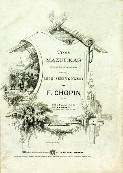 Okładka „Trzy mazurki na fortepian, Opus 50” dedykowana Leonowi Szmitkowskiemu skomponowana przez Fryderyka Chopina (1810-1849). autorstwa Anonymous Anonymous