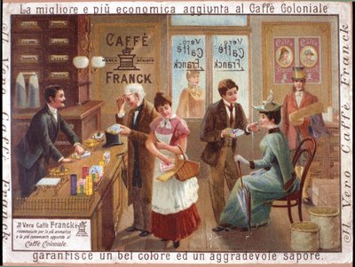 Klienci sklepu spożywczego sprzedającego kawę. Reklama „Caffe Franck”. Chromolitografia, ok. 1900. autorstwa Anonymous Anonymous