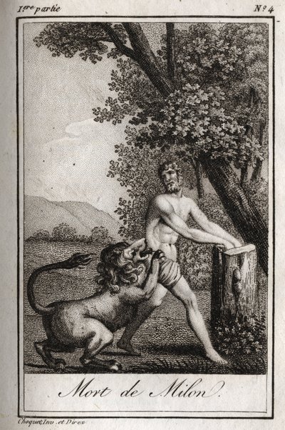 Śmierć Milona de Crotone (Milo z Croton) pochłonął wilk. Rycina z 1819 r. w „Lettres a Emilie sur la mitologie” Charlesa Alberta Demoustiera (1760-1801). Prywatna kolekcja. autorstwa Anonymous Anonymous