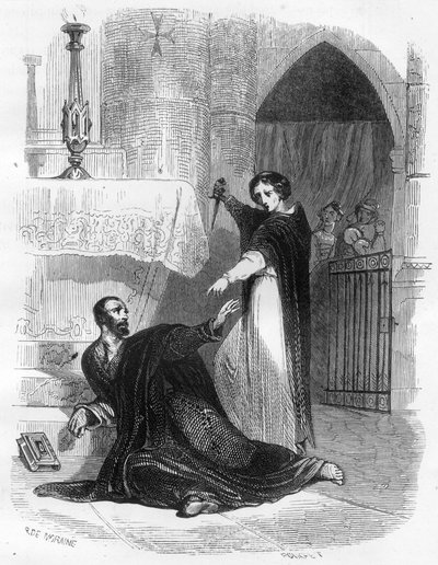 Śmierć Inkwizytora Pedro (Piotra) z Arbues (1441/1442 - 1485) w katedrze w Saragossie (Saragossa) we wrześniu 1485 r. Ilustracja w „”Misteriach inkwizycji i innych tajnych stowarzyszeń Hiszpanii”” Victor de Fereal, Suberwick, Manuel Galo autorstwa Anonymous Anonymous