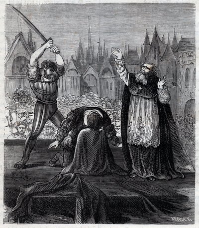 Ścięcie hrabiego Egmonta i Hoorna (1568) w Brukseli podczas hiszpańskiej tyranii w Holandii - wojna dwudziestoletnia (1568-1648): dekolacja Lamorala, hrabiego Egmont, księcia Gavre (1522-1568), holenderskiego polityka. Został skazany we fram autorstwa Anonymous Anonymous