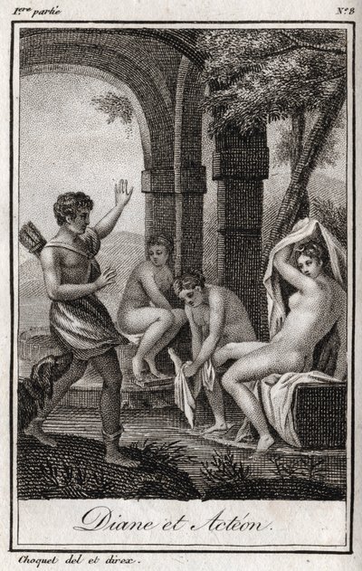 Diane i Acteon (Diana i Acteon) Diane zaskoczona w kąpieli przez myśliwego Acteona. Rycina z 1819 r. w „Lettres a Emilie sur la mitologie” Charlesa Alberta Demoustiera (1760-1801). Prywatna kolekcja. autorstwa Anonymous Anonymous