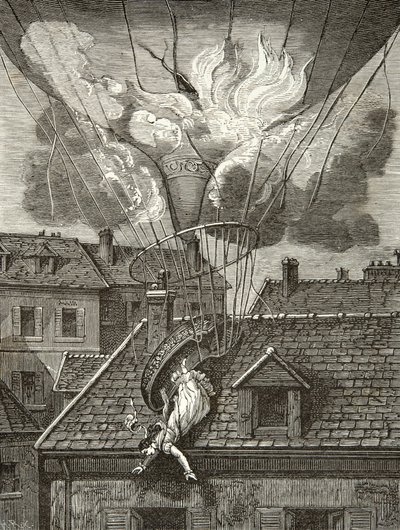 Dramatyczna śmierć Madame Sophie Blanchard (1778-1819), lotnik 6 lipca 1819 nad ogrodami Tivoli w Paryżu, rycina, kolekcja prywatna autorstwa Anonymous Anonymous