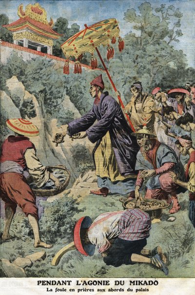 Podczas agonii Mikado (Cesarza Japonii) Meiji (1852-1912): tłum modlący się w pobliżu pałacu. Grawerowanie w „Le petit Journal””, dnia 11.08.1912 r. Prywatna kolekcja. autorstwa Anonymous Anonymous