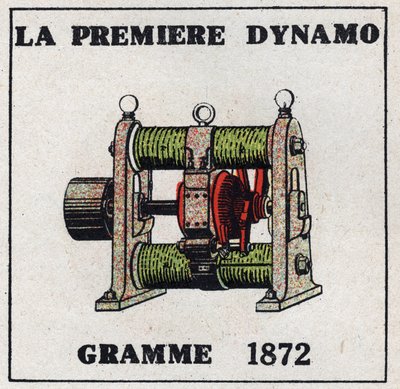 Dynamo: pierwsze dynamo wynalezione przez Zenobe Theophile Grama (1826-1901) w 1872 r. Anonimowa ilustracja z 1925 r. Kolekcja prywatna. autorstwa Anonymous Anonymous