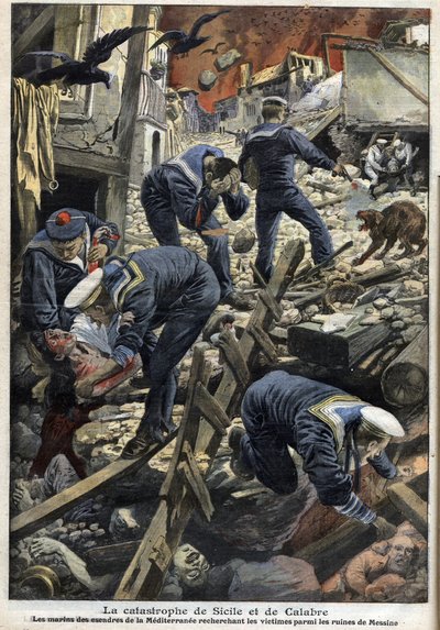 Trzęsienie ziemi na Sycylii, Kalabria 1909 - Katastrofa Sycylii i Kalabrii (trzęsienie ziemi) - Marynarze Morza Śródziemnego szukający ofiar wśród ruin Mesyny - „Mały Dziennik” ze stycznia 1909 autorstwa Anonymous Anonymous