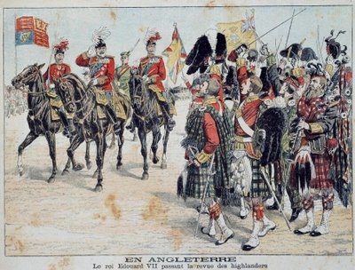 Edward VII (1841-1910) król Anglii recenzuje ilustrację szkockich górali ze znakomitego dodatku „Mały pamiętnik” z 1905 r. Prywatna kolekcja autorstwa Anonymous Anonymous