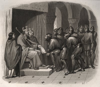 Edward Wyznawca (jeden z ostatnich anglosaskich królów Anglii) - św. Edward Wyznawca (1004-1066) nadający swojemu ludowi nowe prawa. Rycina z 1846 r. w „Żywotach świętych”. Prywatna kolekcja. autorstwa Anonymous Anonymous