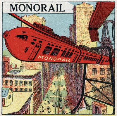 Koleje elektryczne: projekt kolei jednoszynowej krążącej po mieście. Anonimowa ilustracja z 1925 r. Ze zbiorów prywatnych. autorstwa Anonymous Anonymous