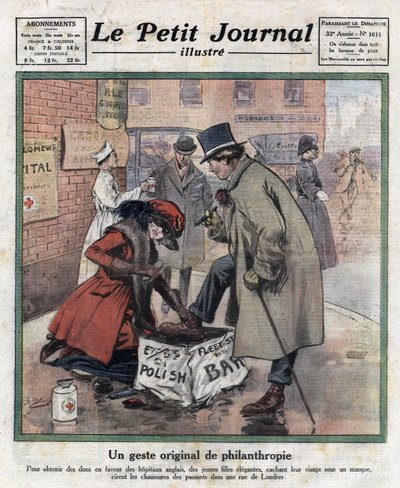 Eleganckie młode dziewczyny, których twarz skrywa się za maską, woskują buty przechodniów Londynu, aby zebrać pieniądze na angielskie szpitale. Ilustracja zaczerpnięta z „Le petit journal illustrious”” z 6.11.1921. Prywatna kolekcja autorstwa Anonymous Anonymous