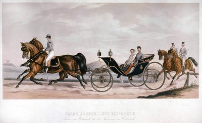 Elisabeth (Sissi) i François Joseph I (1830 - 1916) z Austrii podczas przejażdżki bryczką. Grawerowanie XIX wieku. Prywatna kolekcja autorstwa Anonymous Anonymous