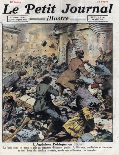 Emuty we Florencji między komunistami a faszystami 27 lutego. Interwencja karabinierów. Ilustracja zaczerpnięta z „”Le petit journal”” z 13.03.1921 r. Prywatna kolekcja autorstwa Anonymous Anonymous