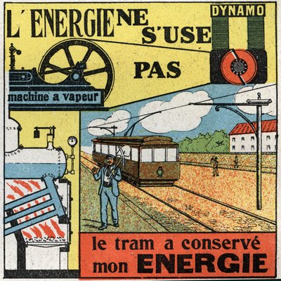 Energia się nie zużywa: produkcja energii elektrycznej za pomocą prądnicy zasilającej maszynę parową tramwaju. Anonimowa ilustracja z 1925 r. Ze zbiorów prywatnych. autorstwa Anonymous Anonymous