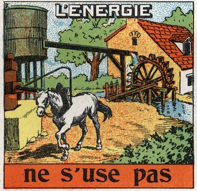 Energia się nie zużywa: koń przywiązuje się do ujeżdżalni i słyszy wodę w zbiorniku. Anonimowa ilustracja z 1925 r. Ze zbiorów prywatnych. autorstwa Anonymous Anonymous