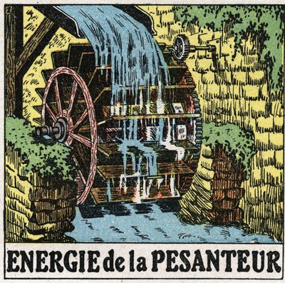 Energia grawitacji: koło młyna wodnego. Anonimowa ilustracja z 1925 r. Ze zbiorów prywatnych. autorstwa Anonymous Anonymous
