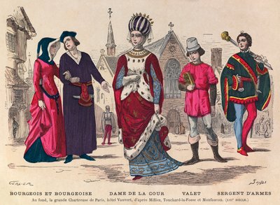 Grawer - Bourgeois et bourgeoise, dama dworu, lokaj, sierżant sztabowy w Paryżu w XIII wieku (w tle la grande Chatreuse de Paris, hotel Vauvert) - Stroje dworskie we Francji w XIII wieku - kolekcja prywatna autorstwa Anonymous Anonymous