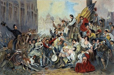 Odcinek Rewolucji 1830 przed ratuszem w Brukseli. Chromolitografia reklamowa czekoladek Antoine w Brukseli, początek XX wieku. Prywatna kolekcja autorstwa Anonymous Anonymous