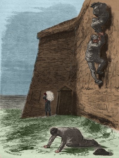 Ucieczka z więzienia Rochefort w XIX wieku. Grawer w „Historii skazanych od ich powstania do dnia dzisiejszego” (1877) autorstwa Pierre