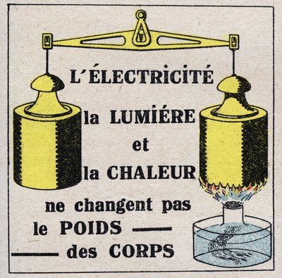Eter (materiał): Elektryczność, światło i ciepło nie zmieniają masy ciała. Anonimowa ilustracja z 1925 r. Ze zbiorów prywatnych. autorstwa Anonymous Anonymous
