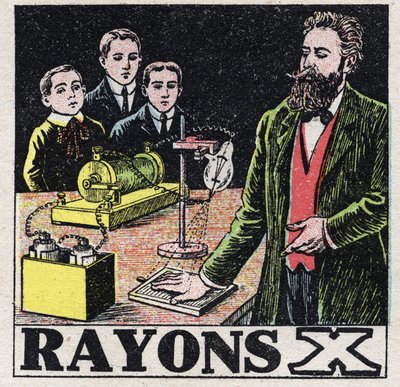 Eter (materiał): promienie X odkryte przez niemieckiego fizyka Wilhelma Conrada Roentgena lub Roentgena (1845-1923). Anonimowa ilustracja z 1925 r. Ze zbiorów prywatnych. autorstwa Anonymous Anonymous