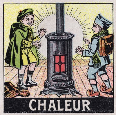 Eter (materiał): dwoje dzieci ogrzewanych ciepłem pieca. Anonimowa ilustracja z 1925 r. Ze zbiorów prywatnych. autorstwa Anonymous Anonymous