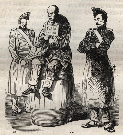 Wystawa przymusowego uniku (Evade powrócił) w więzieniu w Tulonie w XIX wieku. Grawer „Historia skazanych od ich powstania do dnia dzisiejszego” (1877) autorstwa Pierre