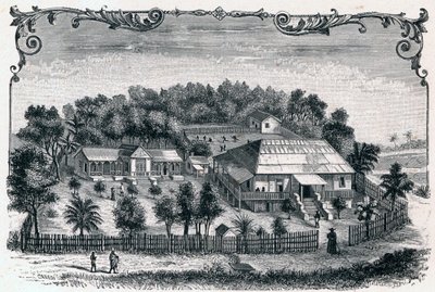 Widok z zewnątrz na plebanię i szkołę Hell Ville (Hell-Ville) (Andoany), stolicy wyspy Nosy Be na Madagaskarze. Grawer w „Les Missions Catholiques au XIXeme Siecle” Louis-Eugene (Louis Eugene) Louvet. prywatna kolekcja. autorstwa Anonymous Anonymous